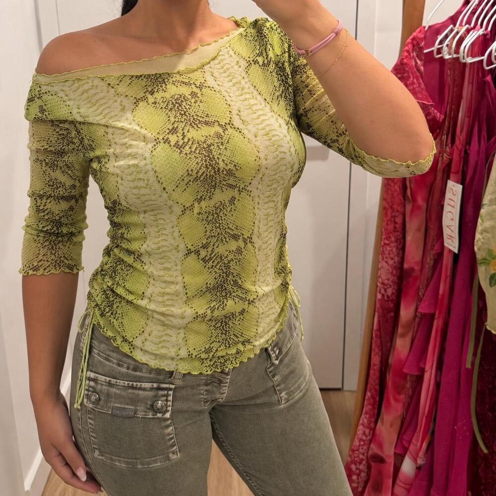 Italian Vintage Green Snake Print Micro Mesh Top